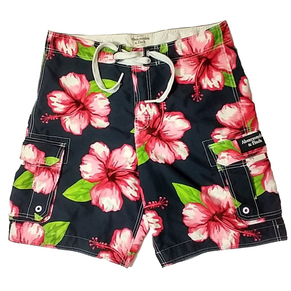 XL Abercrombie & Fitch black floral swim shorts trunks tuggers Hawaiian surf